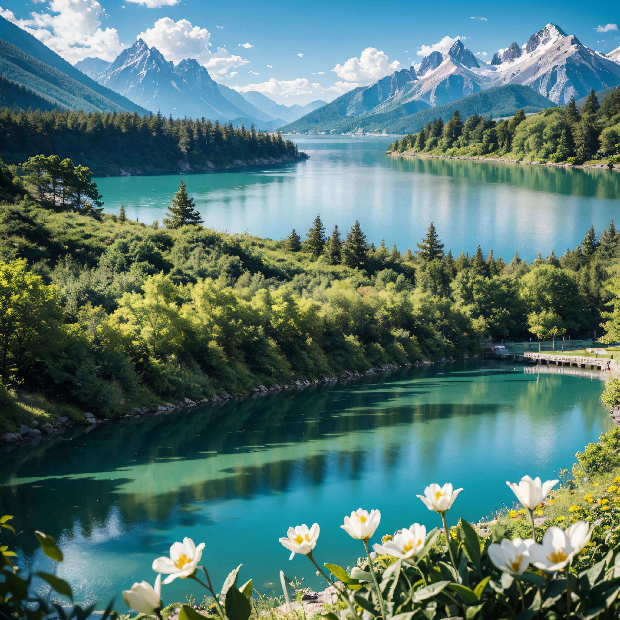 ，masterpiece, best quality，8k, ultra highres，Reallightandshadow，Cinema lenses，On screen，A lake is like a mirror embedded between the valleys。The turquoise waters of the lake are crystal clear，Reflecting the surrounding scenery。Surrounded by mountains，The mountains rise and fall，dense with greenery，It adds a bit of life and mystery to the lake。The meadows by the lake are filled with colorful flowers，A fragrant aroma fills the air。