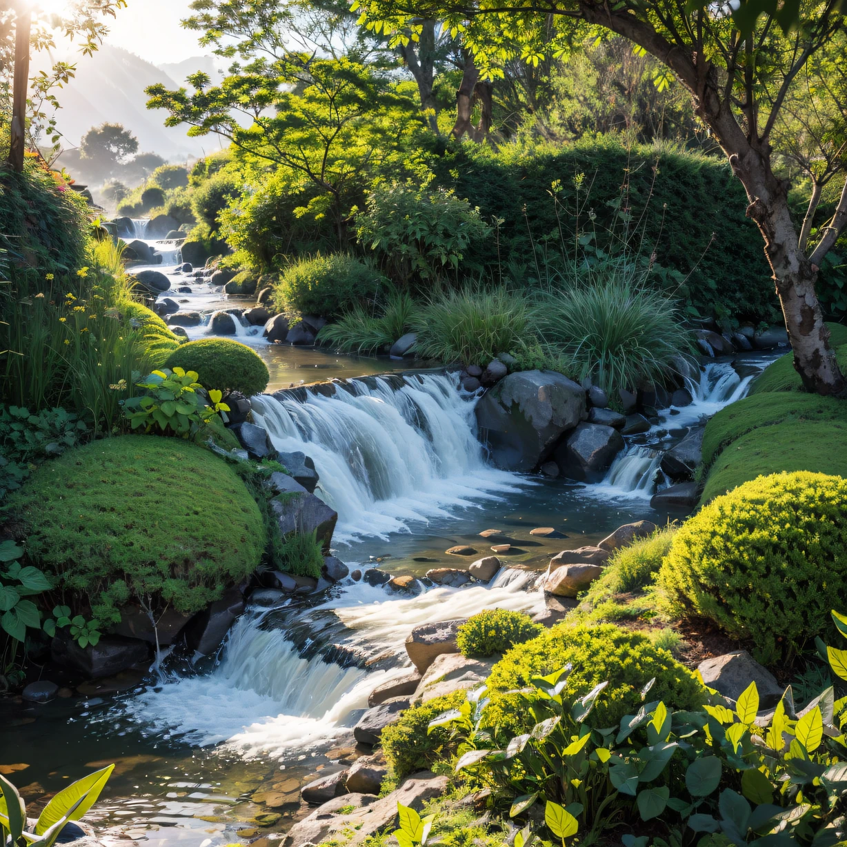 ，masterpiece, best quality，8k, ultra highres，Reallightandshadow，Cinema lenses，On screen，A meandering stream flows through the mountains。The clear stream merges into a clear spring，Water droplets fall from a height，Make a small splash。The banks of the stream are covered with a variety of verdant plants，The branches are covered with vigorous moss and tiny apple red mushrooms。Sunlight shines through the leaves，Reflects the entire valley picturesquely。