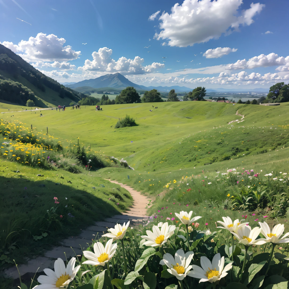 ，masterpiece, best quality，8k, ultra highres，Reallightandshadow，Cinema lenses，On screen，A vast grassland unfolds before you。The green meadows are dotted with wildflowers，Like a colorful carpet。White clouds in the sky，A gentle breeze blows the clouds，Cast a patch of shade。The mountains in the distance lie quietly，Like a sleeping giant。Occasionally，Several small birds flew up from the grass，Draw a beautiful arc in the air。