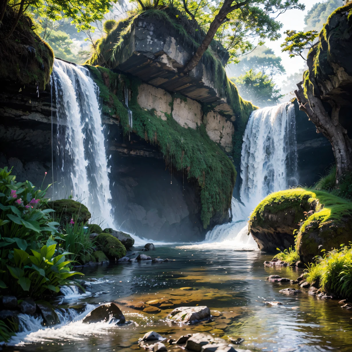 ，masterpiece, best quality，8k, ultra highres，Reallightandshadow，Cinema lenses，On screen，A waterfall rushes down a cliff。The water is churning，The splashing water forms a brilliant rainbow。A variety of moss and wildflowers grow on the rocks lining the waterfall，It adds a touch of life and color。Sunlight shines through the mist of the waterfall，Creates a fantastic landscape of light and shadow，There is a moist smell in the air。