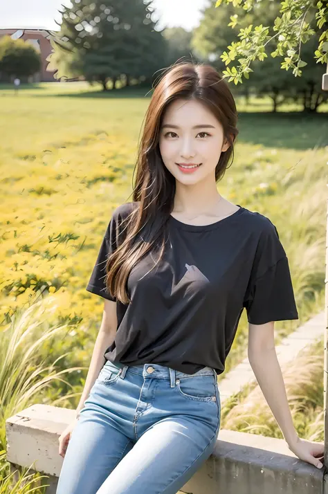 （best qualtiy：1.4），Complicated details，20 years old Korean girl，Wear a loose black T-shirt and skinny jeans，Stand on the grass a...