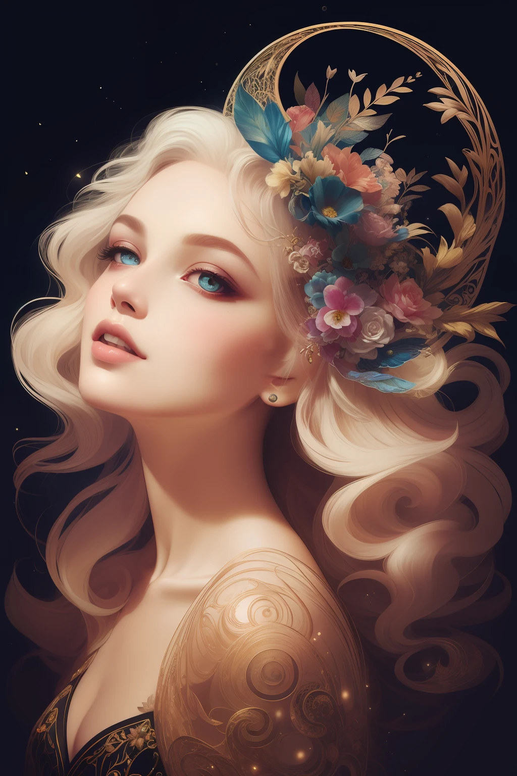 ((gorgeous princess)), one person, long flowing white hair, (bright and beautiful eyes), trending on Art Station, Flower of Hope by Jean-Honor Fragonard, Peter mohrbacher, super detailed, crazy details, Stunning, intricate, elite, art nouveau, ornate, liquid wax, elegant, luxurious, Greg Rutkowski, ink style, sticker, vector art beautiful character design, double exposure shot, luminous design , winning entry, masterpiece, amoled black background,