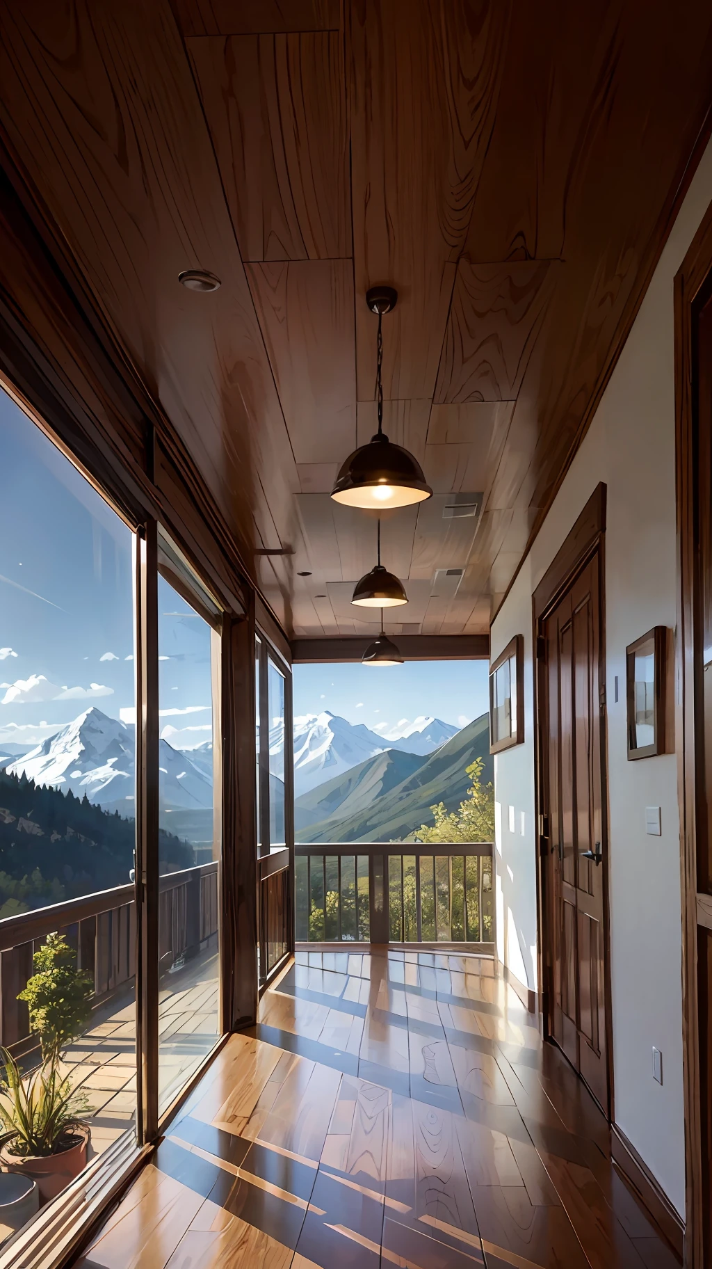 Huge floor-to-ceiling windows with mountains outside，The shadow of the mountain passes through the diffuse reflection of the wooden floor