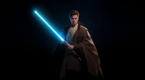 make realistic, 3d graphic, young man holding lightsaber