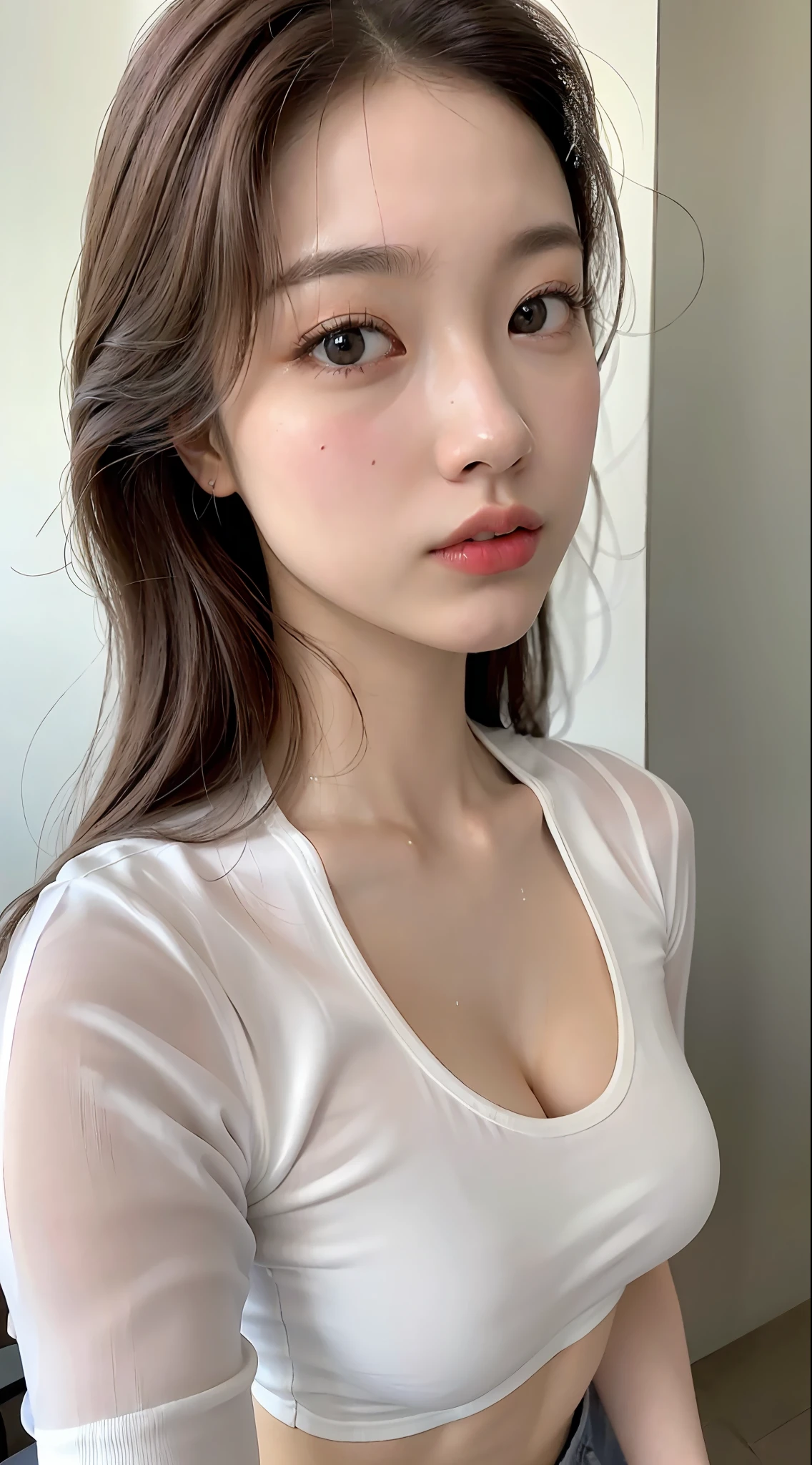 1girl, (Super:1.2), ((White transparent shirt:1.2)), RAW Photos, (Photorealistic:1.37, Realistic), Watch Viewer, ((Straight from Front))), (HQ Skin: 1.8), 8K UHD, Soft Lighting, High Quality, ((Upper Body: 1.6) ), (Pro lighting: 1.6), (shower, wet body, wet clothes: 2.1), from below, emphasizing cleavage, from above, close up