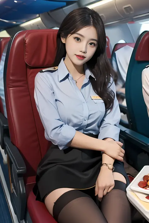 (Best quality: 1.1), (Realistic: 1.1), (Photography: 1.1), (highly details: 1.1), (1womanl), airline stewardess，short skirt，black lence stockings，bent down,mix4,in plan,In the plane