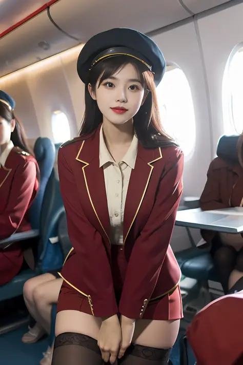 (Best quality: 1.1), (Realistic: 1.1), (Photography: 1.1), (highly details: 1.1), (1womanl), airline stewardess,red coat,short skirt,black lence stockings,bent down,mix4,in plan,In the plane,Hat