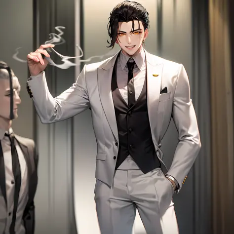 mafia boy with white suit,yellow eyes.
smoke,cool smile,best quality