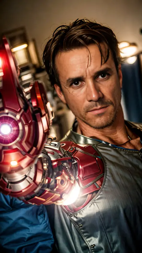 A closeup of a man holding a red light in his hand, tony Stark, Johnny Depp como Tony Stark, Tony Sart altamente detalhado, Tom ...