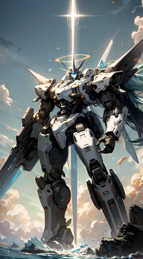 A large robot with a sword in his hand, ethereal and mecha theme, cool mecha style, anime mecha aesthetic, this character has cryokinesis, GameCG, ocean water, Skysky, No clouds, Smokeless, full bodyesbian, There is a golden halo on the back, Atmospheric p...