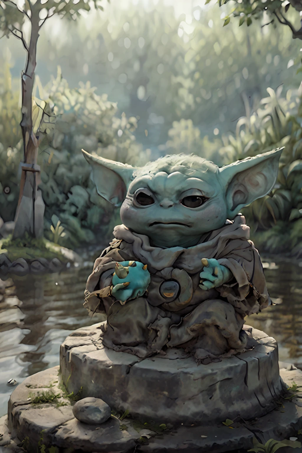 Grogu lifts a stone with the power of his mind. Grogu's eyes are closed, his hand reaches out towards the stone. Grogu sits on a stump in the middle of a lake.