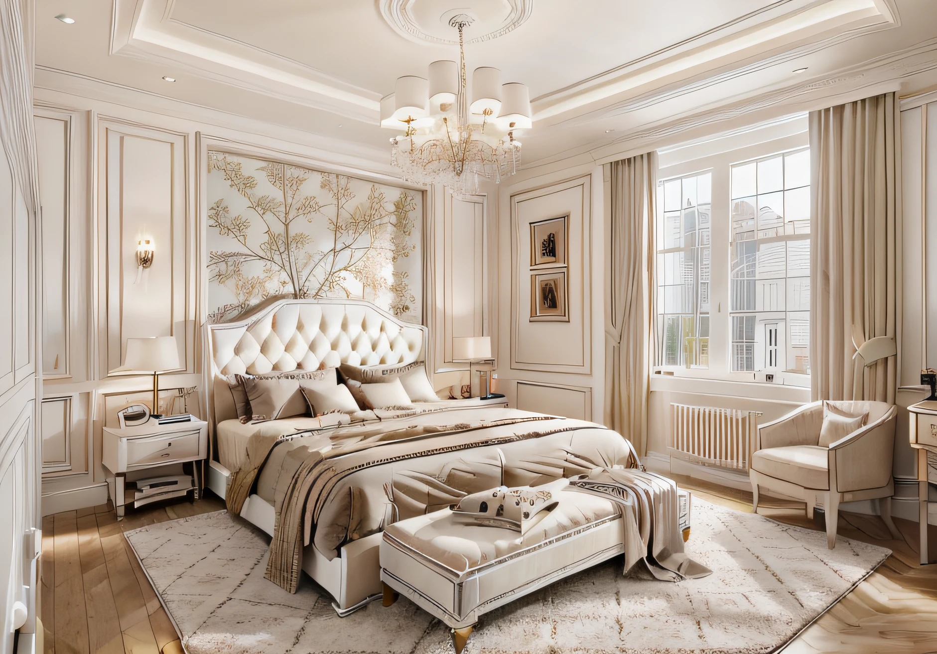 ((indoor neo classical bedroom scene.)), morden bedroom (about bedroom:1.3), (realistic), (masterpiece), super-detailed, ultra-realistic, (full detail), (high quality), (8k), (4k), 1 window from the wall to the ceiling, day light, (whiten tone:1.5), wall art.