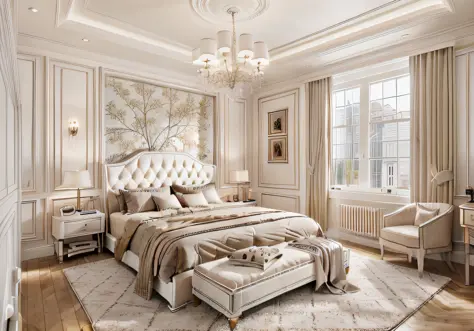 ((indoor neo classical bedroom scene.)), morden bedroom (about bedroom:1.3), (realistic), (masterpiece), super-detailed, ultra-r...