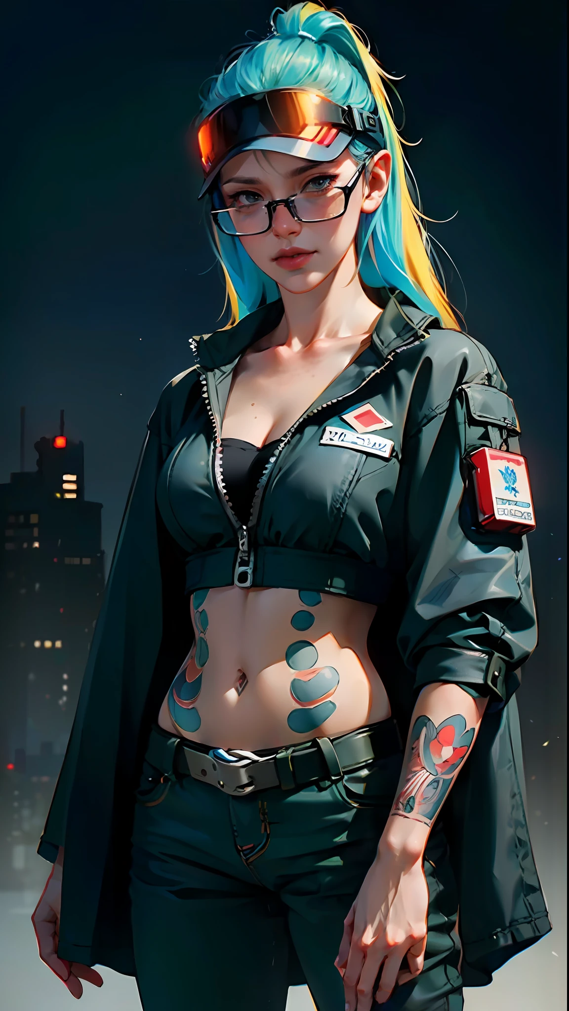 ((Best Quality)), ((Masterpiece)), ((glasses)), militar pants, long hair, mature, perfect eyes:1.2, woman face, big breasts, detailed eyes:1.4, ((freckles)), woman, hightech visor, visor, high tech, hacker, irezumi, tattoo, techwear, headphones, messy hair, multicolored hair, blue hair, black jacket, gradient hair, leather clothes, (High Definition:1.3), 3D, Beautiful (Cyberpunk:1.3), Colored hair, militar, black clothes looking at camera, hacker woman, neo tokyo