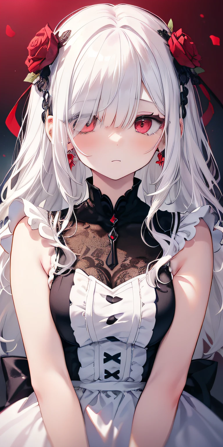 (limited palette), Best quality, (((Masterpiece))), (((Beautiful detailed hair))), (((beautiful detailed skin))), Solo, , Younger, , (((White hair))), Red eyes, (mascara), Blunt bangs, ((Hair over eyes)), Long hair, Medium breasts, Frilled white dress, White frills, Too much decoration, Rose, Noble, setia, The bride hair, (((Eye focus))), (((Expressionless))), The background is blurred out, Empty eyes, Blank eyes, (Red theme), bedroom background, view the viewer, (((hair tucking))), (((Night))), Semi-closed Eyes, Close-up, (((hair adornments))), Upright body, Neatly cut bangs, Braided hair at the back of your head, Sleeveless dress,