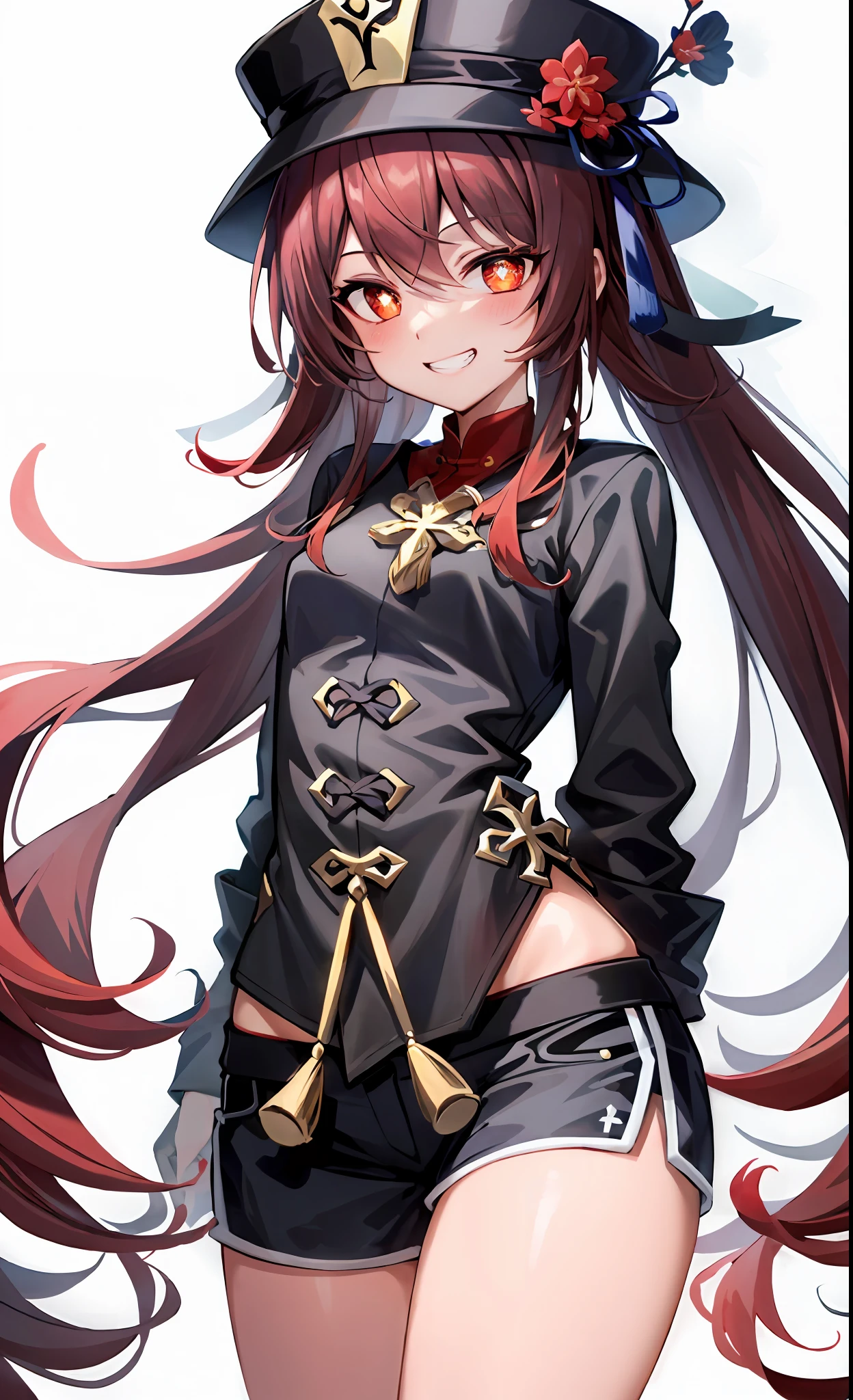 (masterpiece:1.3), (best quality), 1girl, small breasts, very detailed red eyes, very detailed face, white background, highres, absurdres, grin, standing, very detailed, looking at viewer, cowboy shot, solo, vivid colors, hu tao (genshin impact), symbol shaped pupils, hat, long brown hair, bangs, twintails, flower-shaped pupils, black coat, coattails, black short shorts, red shirt, arms behind back