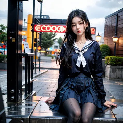 1girl, black hair, black legwear, blue sailor collar, blurry, blurry background, blurry foreground, bokeh, building, chain-link ...