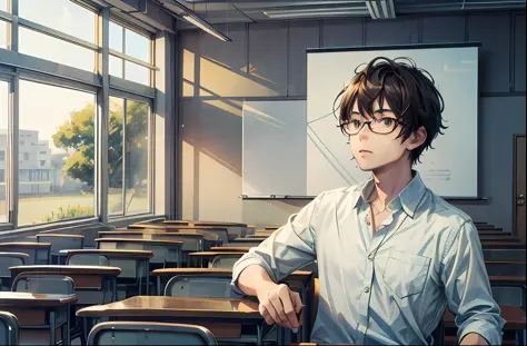 Miyazaki's painting style，of a guy，Firmed face，in blouse wearing，I lecture in a classroom lecture