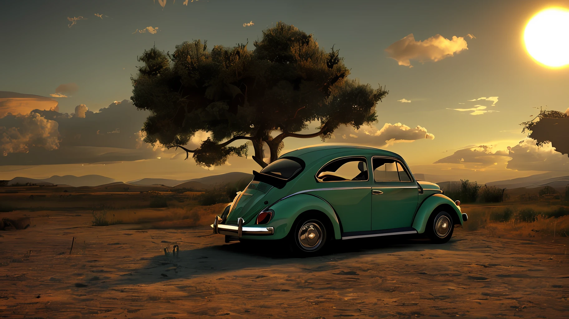 foto analógica oscura de un Volkswagen Beetle rojo, ((Vista de tres cuartos)), (Coucher de soleil sombre), Conducir por un camino de tierra, (Ciudad ruinosa), 1969, ((película de terror)), Película de terror slasher, La masacre en Texas, grano de la película, retro,  Alto detalle, enfoque nítido, ((photorealism)), realista, mejor calidad, 8K, premiado, iluminación dramática, épico, cinematográfico, obra maestra --auto