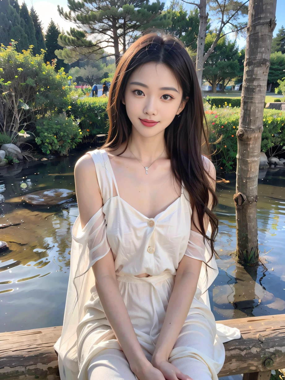 ，masterpiece, best quality，8k, ultra highres，(beautidful eyes:1.1)，(Lakeside at night:1.3)，The gentle goddess sits under the tree。Silver moonlight shone on her，Illuminate her quiet and idyllic smile。Her voice is soft and moving，Tell a story with deep meaning，Attract the creatures around you to stop and listen。