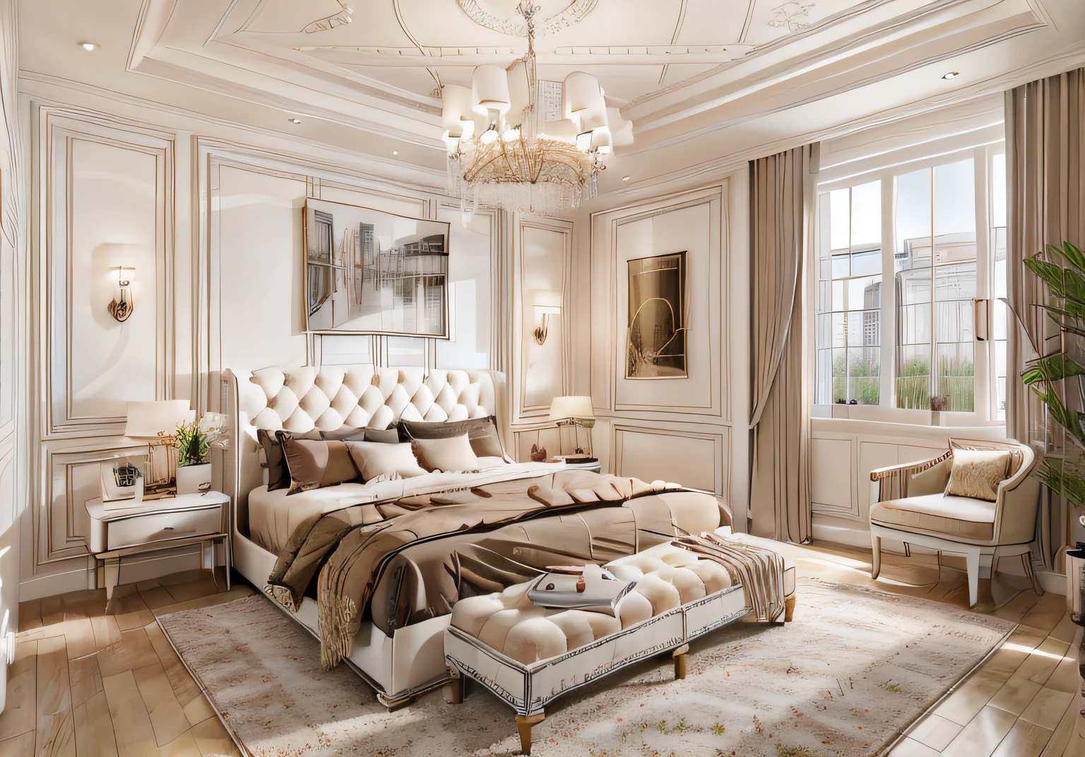 ((indoor neo classical bedroom scene.)), morden bedroom (about bedroom:1.3), (realistic), (masterpiece), super-detailed, ultra-realistic, (full detail), (high quality), (8k), (4k), 1 window from the wall to the ceiling, day light, (whiten tone:1.5), wall art.