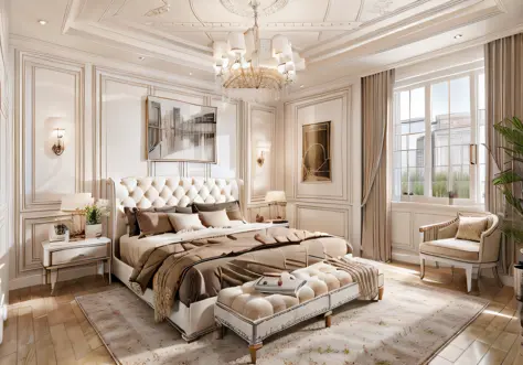 ((indoor neo classical bedroom scene.)), morden bedroom (about bedroom:1.3), (realistic), (masterpiece), super-detailed, ultra-r...