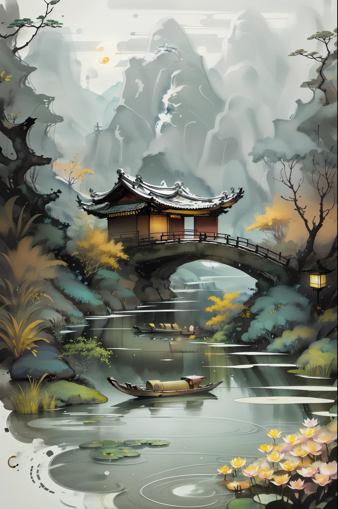 masterpiece,best quality,Chinese martial arts style,an asian night scene with lanterns and water lilies,asian pond with many lanterns and boatsa night scene with many lights and boats in the water, Lake surface, lotus flowers,beautiful night scene,(((Chinese martial arts style))), with vast sky, continuous mountains and steep cliffs, ink wash style, outline light, atmospheric atmosphere, depth of field, mist rising, bamboo, pine trees, octagonal stone pavilion, waterfall flowing water,big full moon,(No color) , Monochrome, light color,