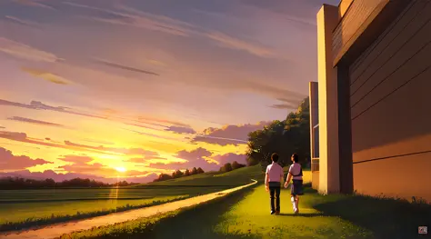 tmasterpiece, best picture quality, romantic sunset, four characters: children and couple strolling on field paths, aesthetic st...