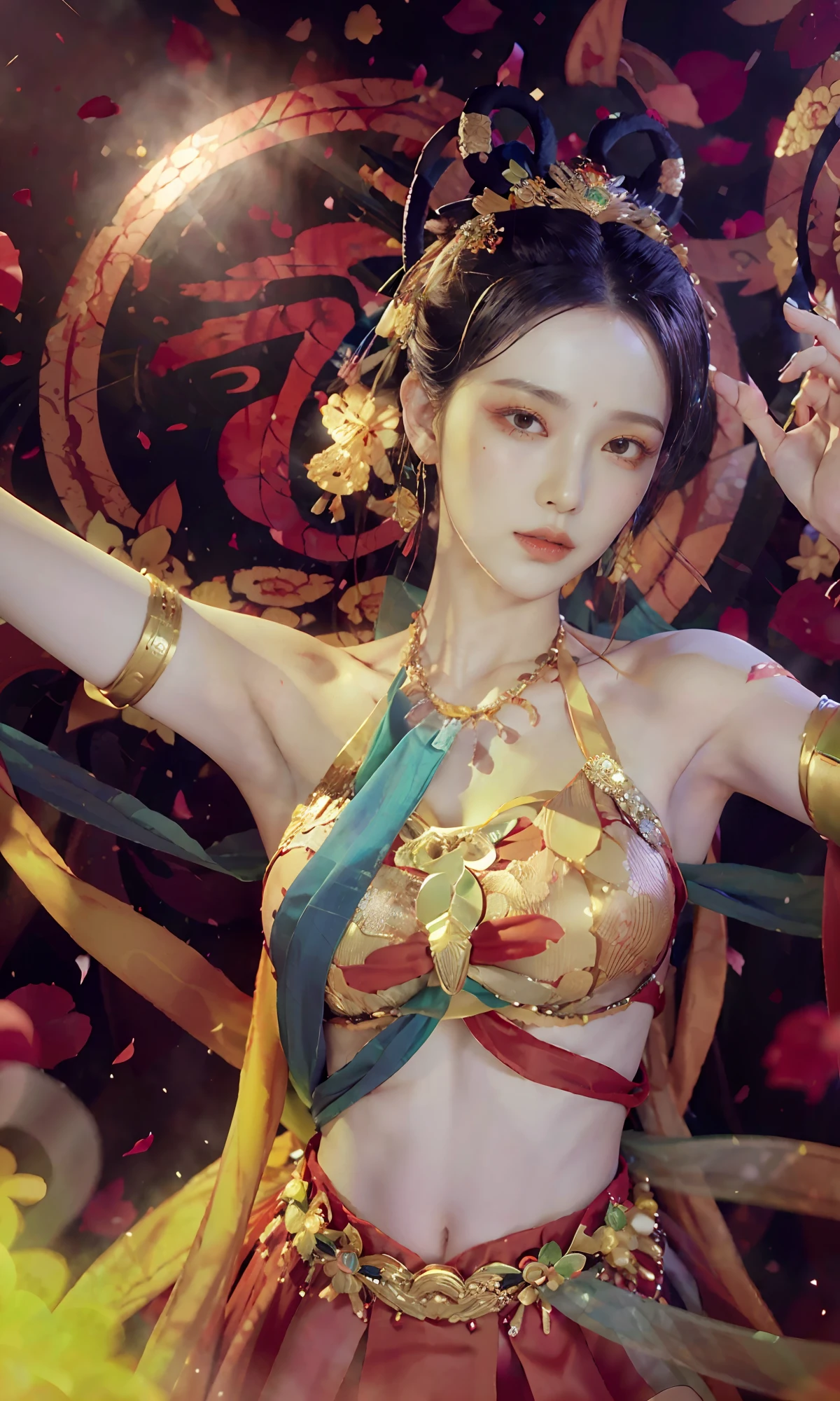 (8k, RAW Photo, Best Quality, Masterpiece: 1.2), (Realistic, Photo Real: 1.4), (Very Detailed CG Unity 8k Wallpaper), (1 Girl), dance, dunhuang_dress, dunhuang_style, dunhuang_background, One arm up, one hand forward, gold ornaments, ancient Chinese hairstyle, tulle, streamers, light makeup, eyeshadow, eyebrow mole, (face), dynamic pose, background smoke surrounding, red and green color scheme, flower petals flying, details, jewelry, earrings, bracelets, shoulders, complex textures, busts, guqin, pipa