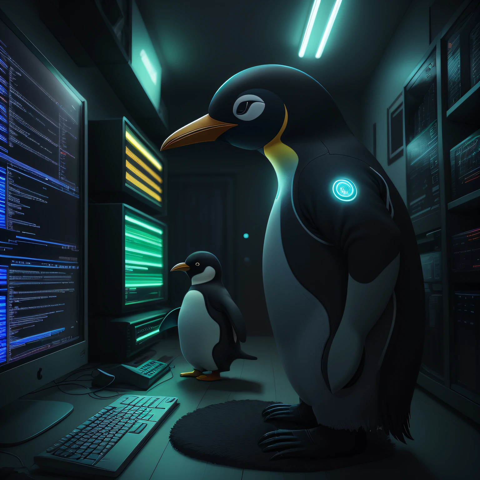 Pingouin cybernétique portant un costume de hacker futuriste, avec des détails et des engrenages en cuivre. Le costume est décoré avec des autocollants de codes de programmation et des icônes Linux. Le pingouin a un visage délicat et un corps cyborg en fibre de carbone, qui met l&#39;accent sur l&#39;articulation mécanique du pingouin. Les plumes des pingouins sont texturées et détaillées, dans des tons néon vifs. Le pingouin est assis devant un ordinateur avec plusieurs moniteurs, Claviers et souris, tous reliés par des câbles colorés. L’environnement est éclairé par des lumières LED brillantes dans les tons de bleu et de vert. L&#39;interaction de la combinaison avec le pingouin est incroyablement détaillée, capturer les détails complexes et les nuances de ces améliorations cybernétiques dans un mélange d’humain et de machine qui remet en question les notions traditionnelles d’identité et d’existence. La scène est éclairée par des lumières LED lumineuses dans les tons de bleu et de vert, projetant des ombres douces dans toute la pièce. Le pingouin a une pose dynamique, avec des jambes ouvertes et un bout chameau bien défini. Le pingouin est une œuvre d’art très détaillée et réaliste, qui dépeint la fusion de l’homme et de la machine dans un avenir où la technologie a atteint de nouvelles frontières. L’utilisation de vêtements sur le thème de Linux est un hommage aux systèmes d’exploitation open source qui permettent la création d’une technologie de pointe comme celle-ci.. "De vraies pièces mécaniques" la technologie permet aux individus de transcender leurs limites biologiques et d’embrasser une nouvelle ère de capacités améliorées. La profondeur de champ, Clarté et netteté maximales, textures multicouches, Cartes d&#39;albédo et spéculaires, L&#39;ombrage de surface et la simulation précise de l&#39;interaction lumière-matériau ont été créés avec Octane Render., résultant en un chef-d&#39;œuvre très détaillé et réaliste. --auto