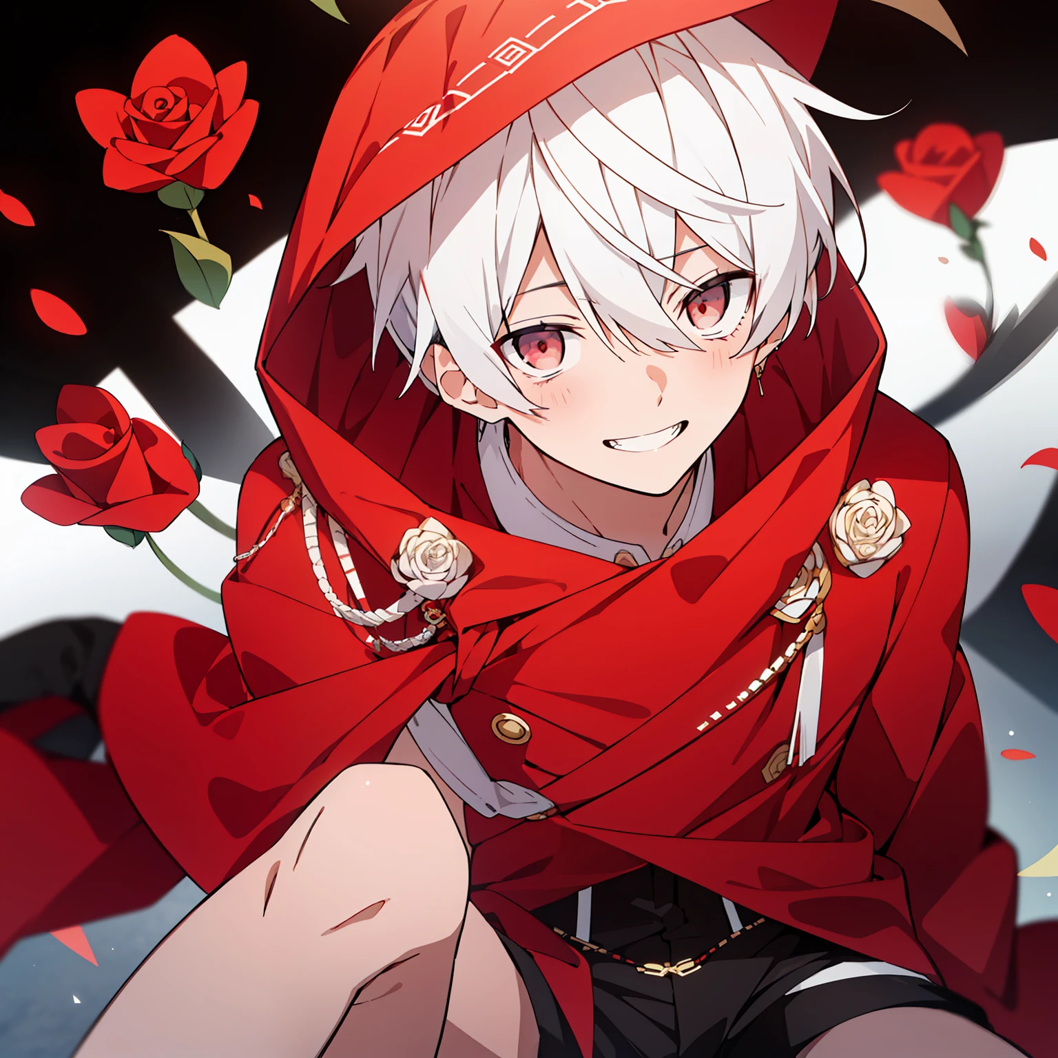 (high-quality, breathtaking),(expressive eyes, perfect face), 1boy, male, solo, short, young boy, white hair, red eyes, smile, black fancy outfit, shorts, red roses, hood