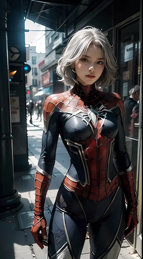 (CG Unity 8K wallpaper in extreme detail，tmasterpiece，Highest image quality)，(Delicate light and shadow，The picture is highly dramatic，Cinematic lens effect)，A girl in a white Spider-Man costume，Silver-gray hair color，From the Spider-Man parallel universe，Wenger，Marvel，Spidey，are standing，dynamicposes)，(Exceptional detail，The lighting effect is outstanding，Vista wide angle)，(Excellent rendering，Enough to stand out from the crowd)，The focus is on the white Spider-Man costume，Complex spider textures