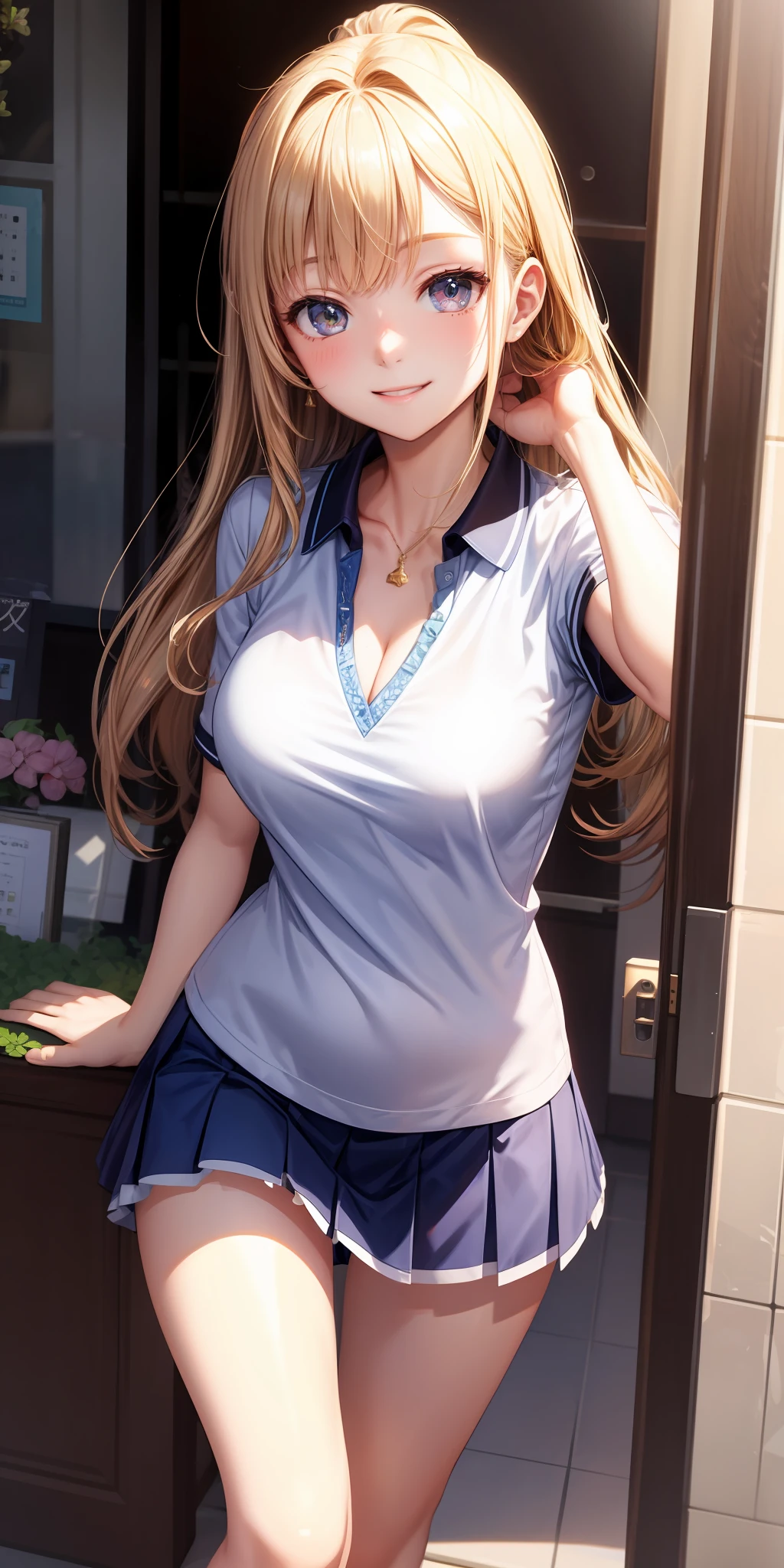 Anime girl in a short skirt posing in front of a store - SeaArt AI