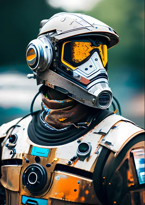 Portrait photo of transparent camo worn mech suit, ((light bokeh)), intricate, ((translucent) liquid water [rust]), elegant, sha...