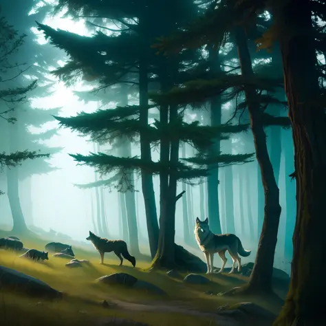 Create an image for the cover of a contemporary fantasy book about wolves. The cover should convey the atmosphere of the story, ...