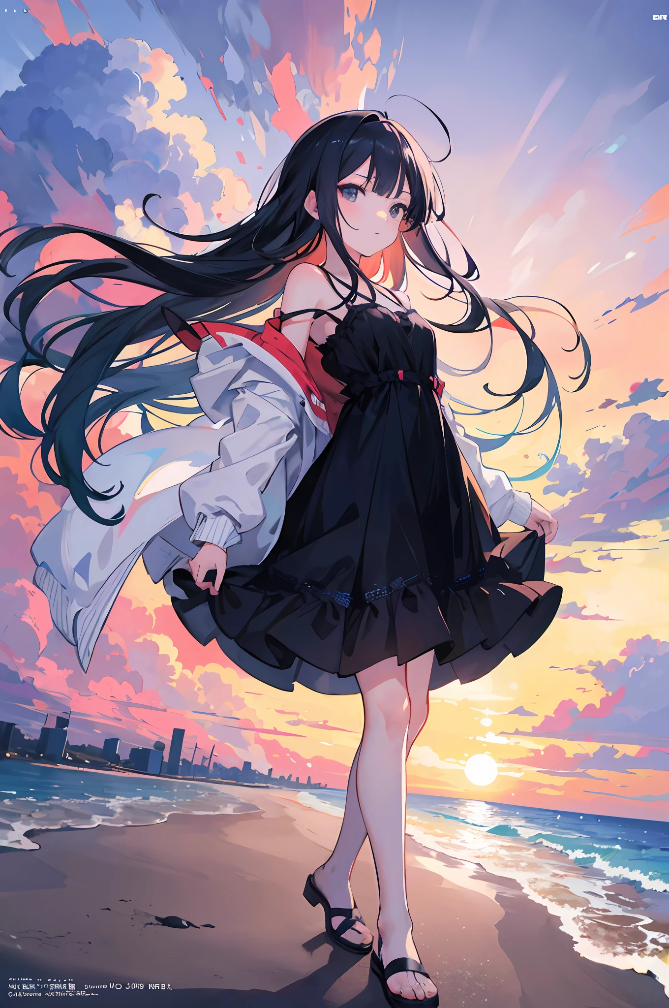 Anime girl walking on the beach，There is a long hair that blows in the wind，4K anime style art wallpaper，The cuteness and beauty brought by the cute painting style coexist，An anime girl in a black dress is the theme of this anime wallpaper，The black eyes are deep，Outstanding features，A small amount of detail is added to the overall picture, Like the waves of the sea，Create a three-dimensional feel，Let people immerse themselves in this 4K anime wallpaper。