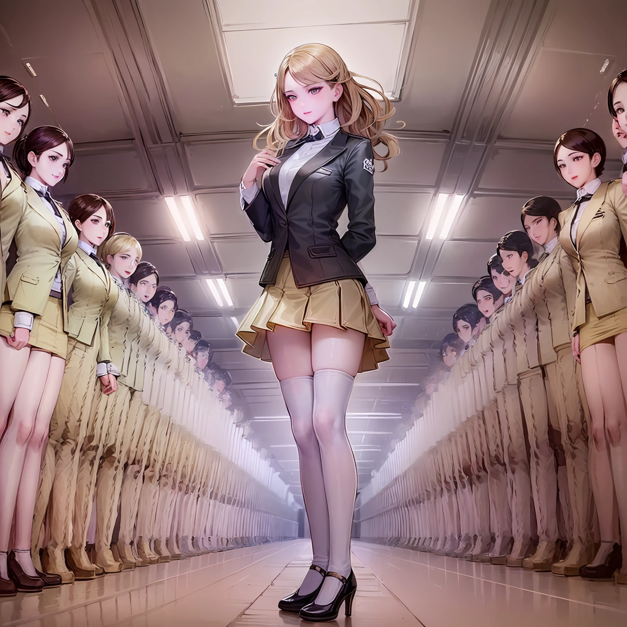 ((Masterpiece, highres)), ((thousands of, crowd of)), girls, group, clones, (( brown haired girls, blonde girls)), long hair, curly hair, matching hairstyles, different hair color, confident, elegant, rich girls, emotionless, arms at sides, straight backs, (((matching outfits, identical outfits, yellow school uniforms, sexy school uniforms, yellow blazer, yellow short skirt, white thighhighs, long white socks, black high heels))), standing at attention, shoulder to shoulder, same pose, sisters in neat rows, many rows, crowd shot