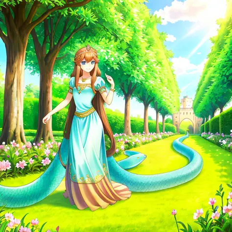 Lamia, princess, dress, castle, ((palace gardens)), flowers, hedges, long brown hair, blue eyes, blue snake tail, graceful, calm...