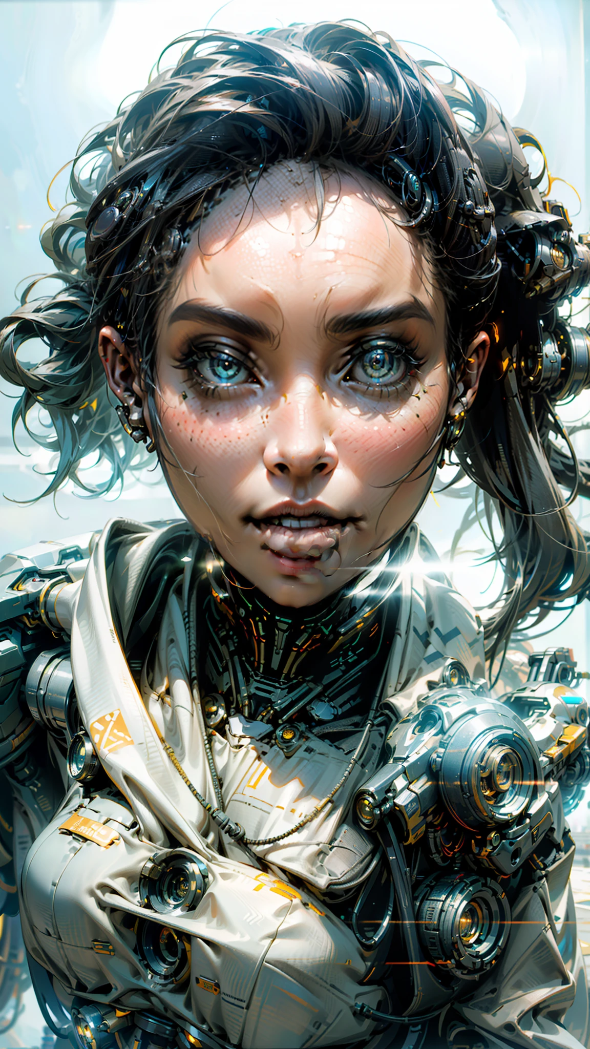 cyborg woman, Hyper realistic fine detailed mechanical body, curved lines, rich background extreme high detailed, perfect face, Robotic structure, futuristic, science Fiction, no human, perfect nose, perfect body, character, photorealistic, cyborg, sci-fi, cyborg girl, (Realisitc:1.5) cyborg woman, big breasts,