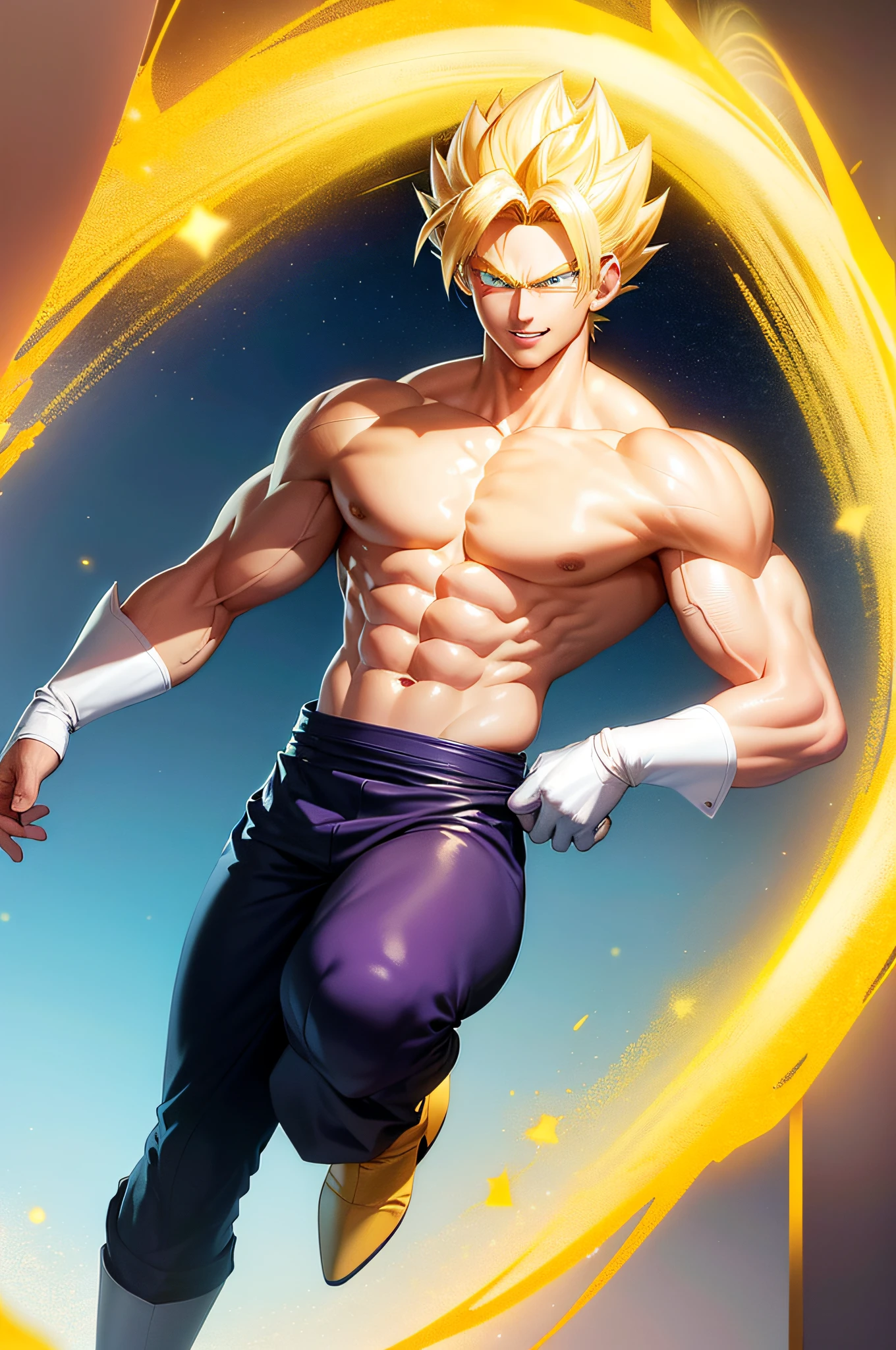 (masterpiece, best quality:1.2), solo, male focus, 1boy, vegetto, super saiyan, grin, looking at viewer, hands on hip, flying, floating, blonde hair, spiked hair, blue eyes, dougi, white boots, white gloves, pectorals, tail, surrounded by yellow lightning