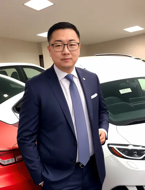 There was a man in a suit and tie standing next to a car, wears glasses，brush cut，short detailed hair，fatness，二重まぶた，slightly fat big breasts