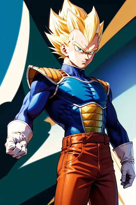(masterpiece, best quality: 1.2), cowboy shot, solo, male focus, 1boy, vegeta, serious, looking at the viewer, spiked blonde hai...