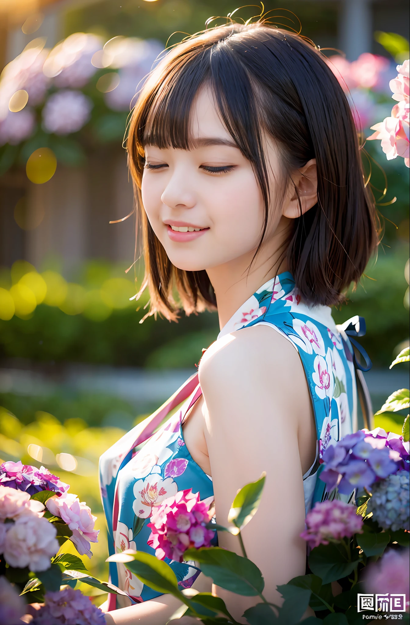 (((Full body photo)))), ((Single eyelid))),(Sunset backlight))),((Lens flare)),((Lens flare)),(In Chinese garden in china clothes)),((Super Soft Focus))))), smiling, (Profile)))))), (Eyes closed)))), twilight, showeringSurrounded by colorful hydrangeas, hydrangeas in the background, ((soft sunset)), (yinchuan:1.5), masterpiece, best quality, raw photo, photorealistic, face, beautiful girl, cute, short hair, (((depth of field)))), high resolution, ultra detail, fine detail, very detailed, cinematic lighting