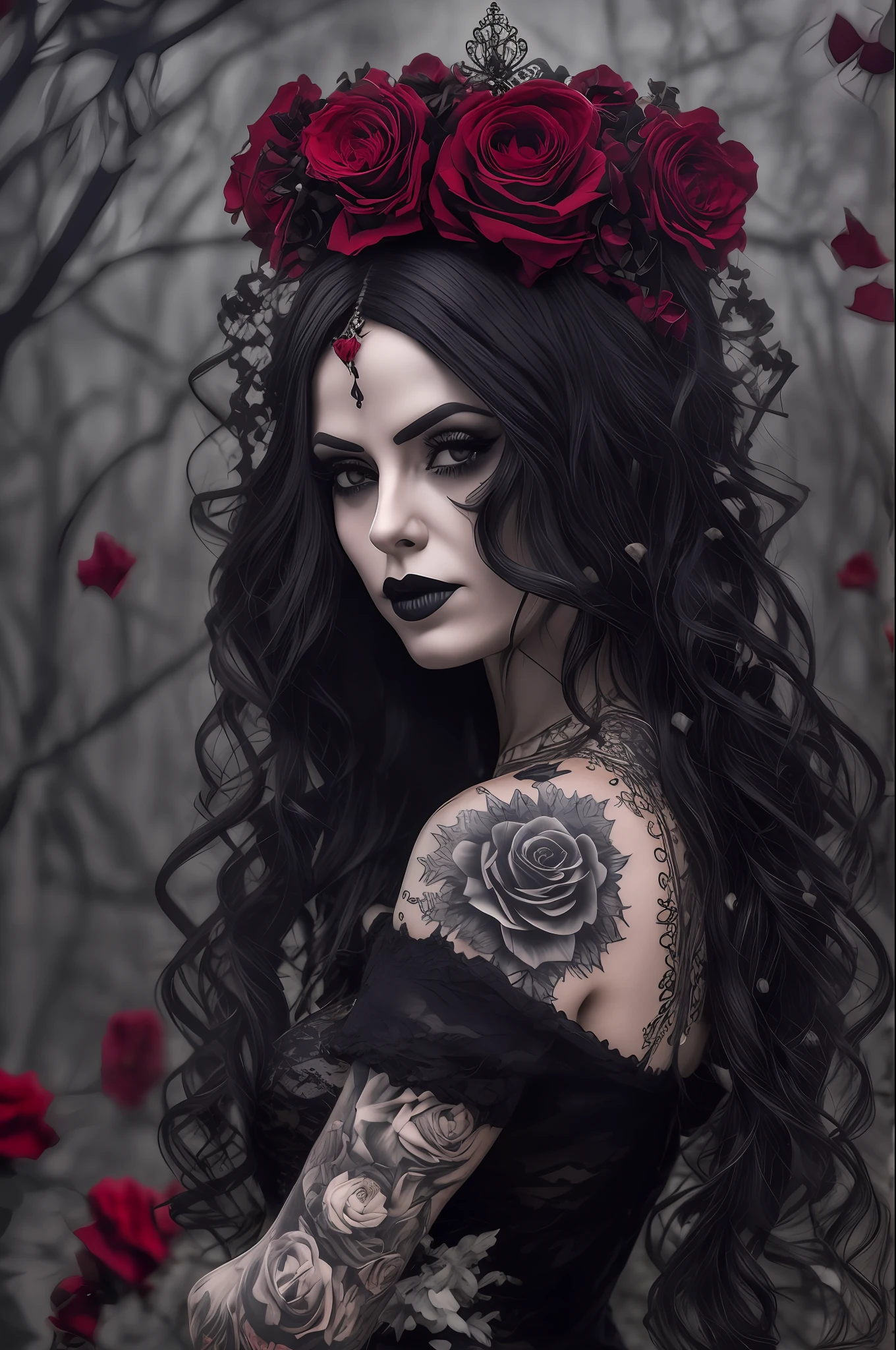 hermosa mujer tatuada, pelo negro corto, cuerpo entero, vestido negro gótico, guantes de reno negros, En su cabeza una corona roja de rosas, gotic, muy hermoso, de la máxima calidad, 8K, al fondo un bosque oscuro, con mariposas iluminadas