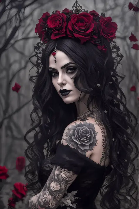 bela mulher tatuada, cabelos curtos preto, corpo inteiro, gothic black dress, luvas de rena preta, on his head a red crown of ro...