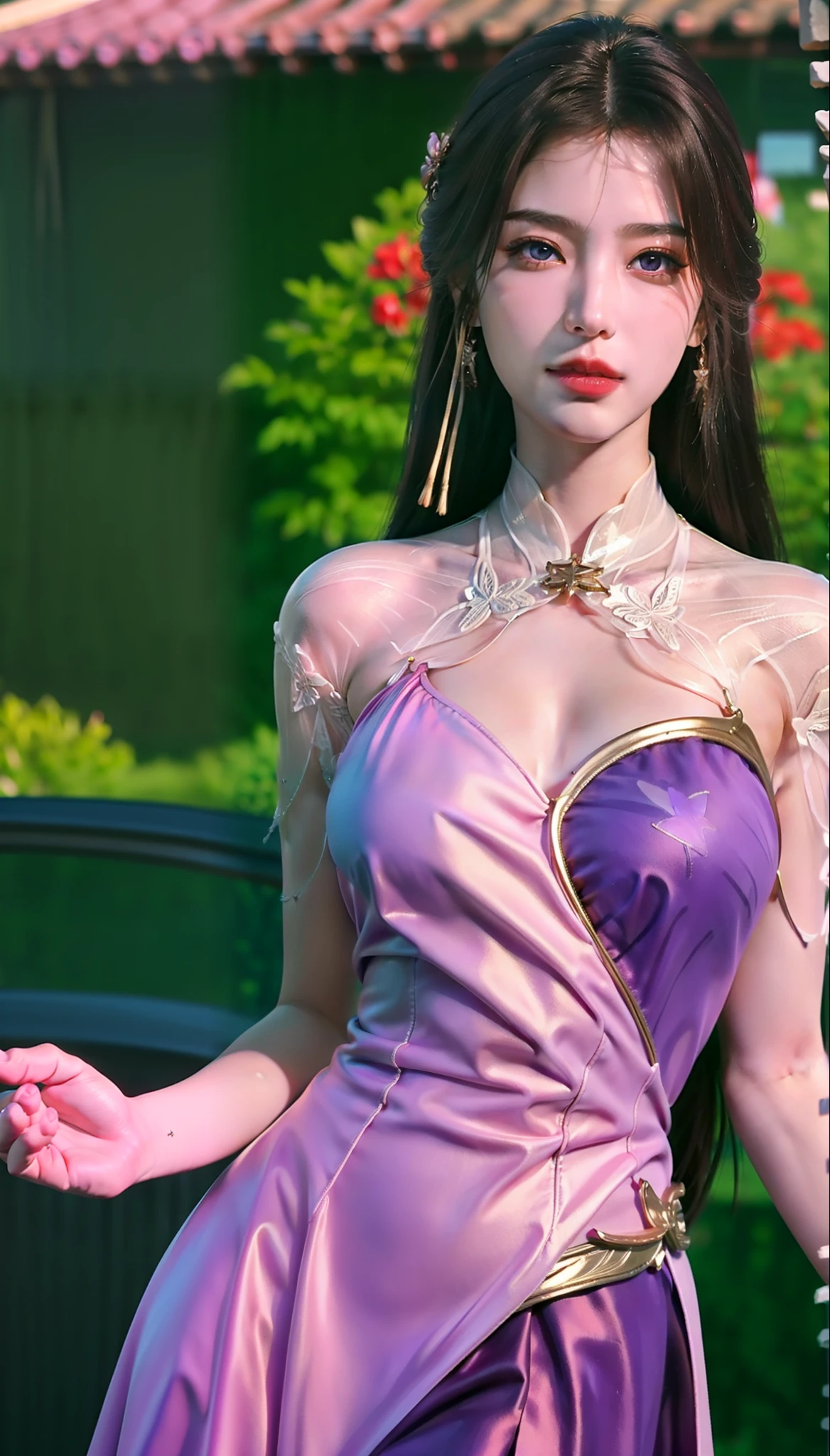 (1 cute Chinese star) realistic photo, medium breast size, purple slip dress, ancient Chinese architectural background, clear facial features, 8K high resolution, clear and realistic details, sexy long dress, gorgeous young Chinese woman, light purple