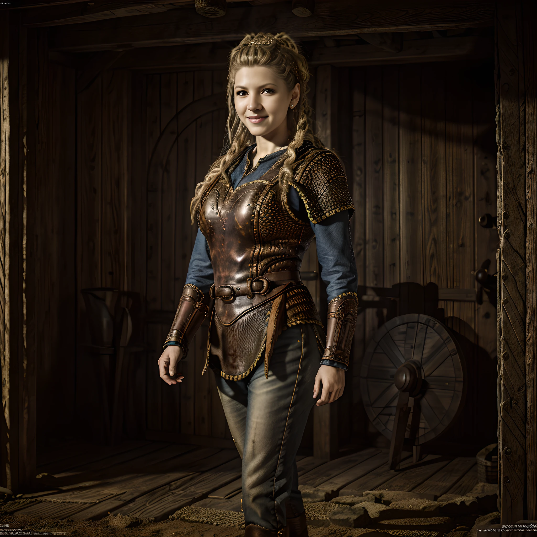((exceptional quality)), ((Masterpiece artwork)), ((true to reality)), viking warrior, (Katheryn Winnick: 1.0), Wearing leather armor, detailed clothing, textura de pele realista, Standing in front of a Viking hut, ((fully body)), (((Ultra-detailed hands and feet))), Grinning, tattoo's, Embellishment, aretes, intricate details, super realistico, hyper detailed, texture skin, tanned, freckles, shining skin, sharp focus, volumeric lighting, good highlights, good shading, sub-surface Scattering, intrikate, highy detailed, based on the Vikings series, ((cinemactic)), Dramatic, (highest quallity, awarded, Masterpiece artwork:1.5), (photorrealistic:1.5), fot, Realistic photo, Nikon, naturallight, 4K, highes definition, ......RAW