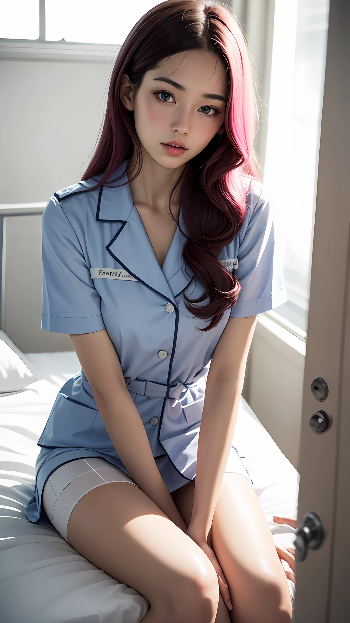 （Close_Up：1.6） Low_Angle （Low_Angle_Shot：1.7）， （Long_Skirt：1.3），（flirting：1.4） （Tongue stock_Out：1.3） Infirmary （Nurse_Girl：1.5）， （Red_Cross：1.3） （Long_Hair：1.5） （Pink_Hair：1.4） （flat_bang：1.2） .（syringes：1.5） （face flushed_Cheeks：1.3）Hint at her（is shy：1.2）naturals。（Bandaged_Hands：1.5）completly（wrapped：1.3）In a clean white bandage。（treatment：1.5）In a young man in a school uniform（pupils：1.5）On the body，Lying on white（hospitals_Bed：1.5）Upp，using（gentle_care：1.5）。Ultra photo realsisim，best qualtiy，tmasterpiece，Ultra-high resolution，（realisticlying：2.0），RAW photogr，Clear focus，hdr，Detailed skins，Wearing a blue nurse's uniform，sensual seduction。