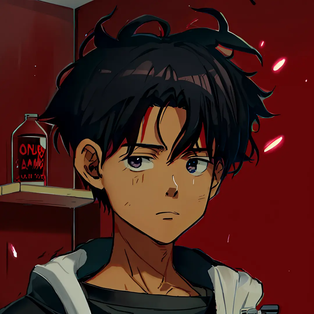 Menino anime com cabelo preto e olhos vermelhos segurando uma garrafa, em estilo anime, anime moe artstyle, em estilo anime, men...