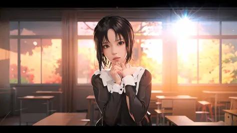 anime anime girl with black hair and black eyes standing in a classroom, makoto shinkai style, makoto shinkai. digital render, i...